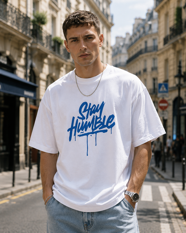 Men Stay Humble Printed White Oversized Drop Shoulder Cotton T-Shirt