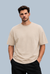 Men Oversized Beige Solid Round Neck Interlock cotton T-Shirt