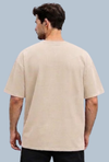 Men Oversized Beige Solid Round Neck Interlock cotton T-Shirt