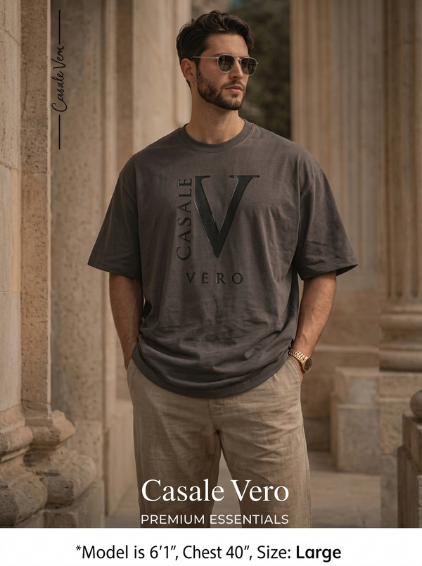 Men Oversized Drop Shoulder V Logo Steel Grey Cotton T-Shirt