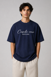 Men Navy Blue Signature Printed Oversized Relaxed Fit Cotton T-shirt