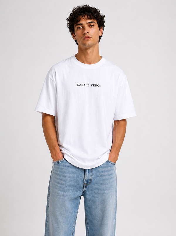 Men casale vero Signature Printed white Oversized Relaxed Fit Cotton T-Shirt