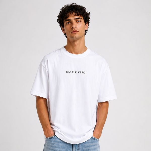 Men casale vero Signature Printed white Oversized Relaxed Fit Cotton T-Shirt