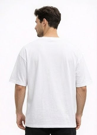 Men White Boxed Signature Printed Oversized Drop shoulder Cotton Single Jersey T-shirt