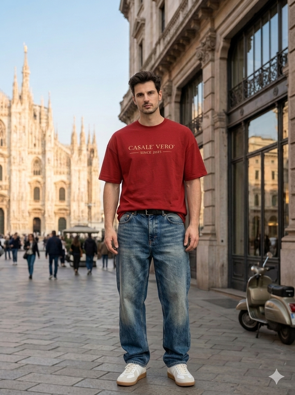 Men Casale Vero Signature Printed Oversized Drop shoulder Red Cotton Single Jersey T-shirt