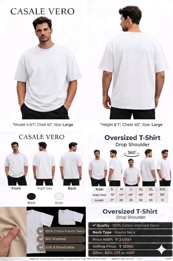 Men White Solid Oversized Drop shoulder Premium Cotton T-shirt