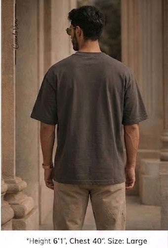 Men Oversized Drop Shoulder V Logo Steel Grey Cotton T-Shirt