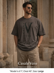 Men Oversized Drop Shoulder V Logo Steel Grey Cotton T-Shirt
