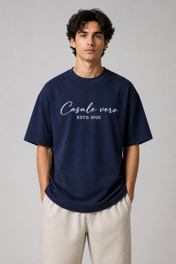 Men Navy Blue Signature Printed Oversized Relaxed Fit Cotton T-shirt