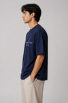 Men Navy Blue Signature Printed Oversized Relaxed Fit Cotton T-shirt