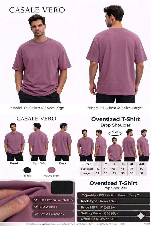 Plum Colour Solid Mens Oversized Tshirts-100% Cotton
