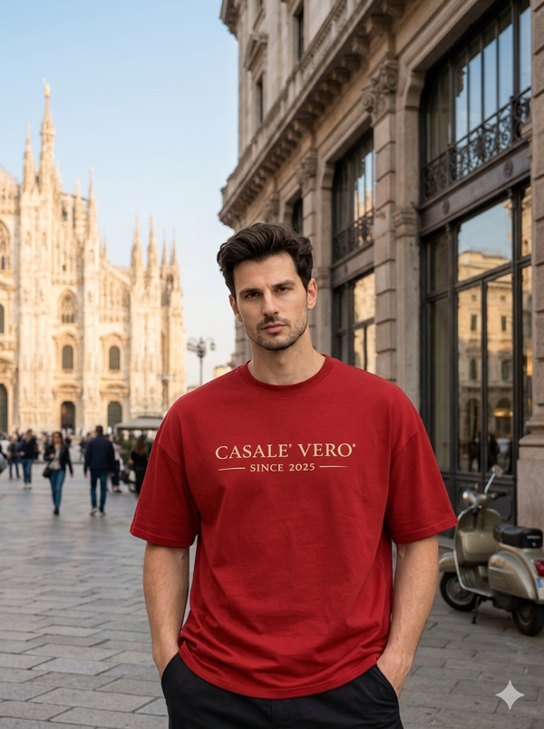 Men Casale Vero Signature Printed Oversized Drop shoulder Red Cotton Single Jersey T-shirt