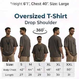 Men Oversized Drop Shoulder V Logo Steel Grey Cotton T-Shirt